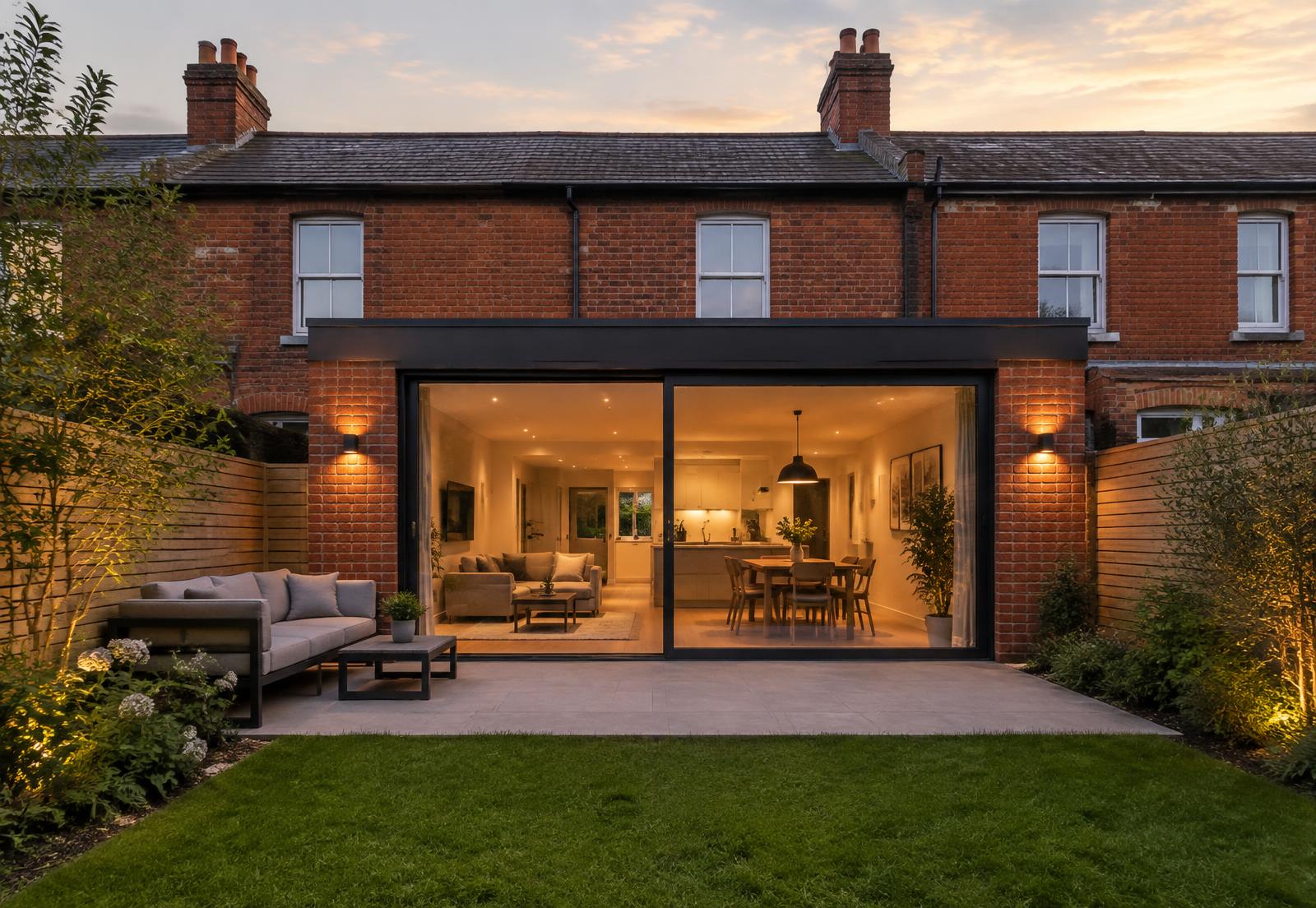 Rear extension with large glazed doors on a red brick terraced house (illustrative)