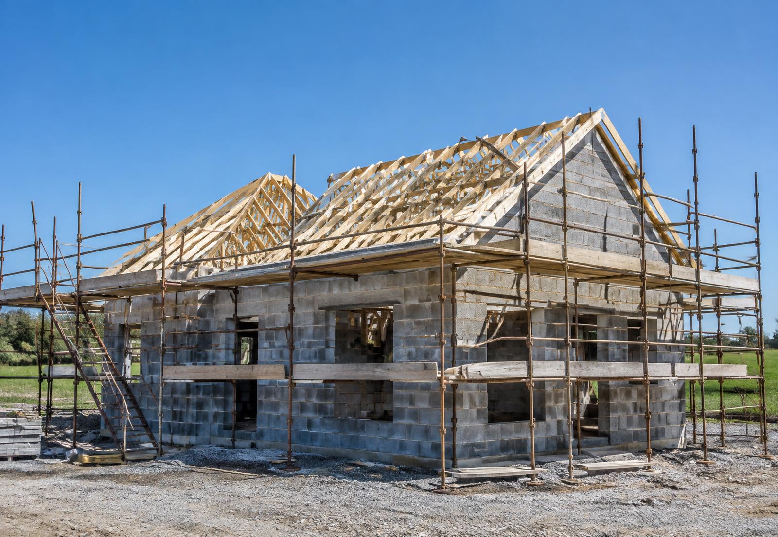 New house under construction with roof trusses and scaffolding (illustrative)